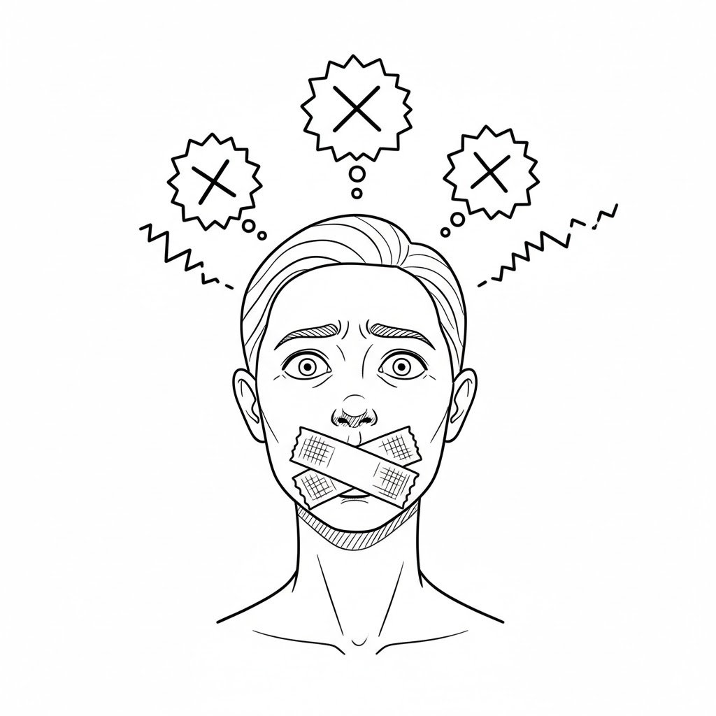 A person with tape on their mouth, representing taboo.